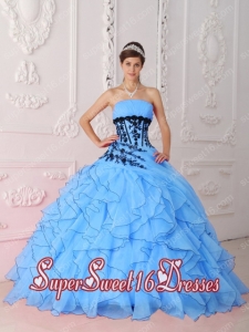 Elegant Sweet Strapless With Appliques and Ruffles Aqua Blue For Sweet 16 Ball Gowns