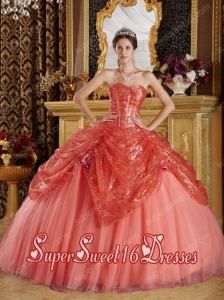 Rust Red Ball Gown Sweetheart With Floor-length Sequined and Tulle Handle Flowers Sweet 16 Ball Gowns