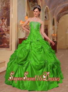Simple Green Ball Gown Strapless Taffeta Beading and Embroidery Sweet Sixteen Dresses