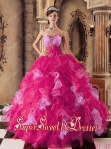 Sweet 16 In Hot Pink Ball Gown Strapless With Organza Beading and Ruffles Ball Gowns