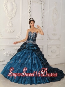 A-line Court Train Sweetheart Organza Appliques Sweet Fifteen Dress with Pick Ups and Ruffled Layers