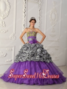 A-line Strapless Zebra and Organza Sweet Fifteen Dress with Pick Ups And Ruching