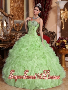 Apple Green Ruffels Sweetheart Organza Beading Ball Gown Sweet Fifteen Dress