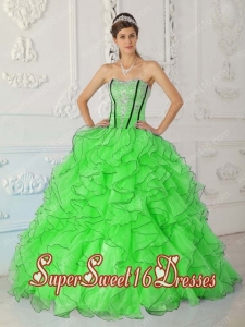 Ball Gown Strapless Organza Appliques Beading Sweet Fifteen Dress in Spring Green with Ruffled Layers