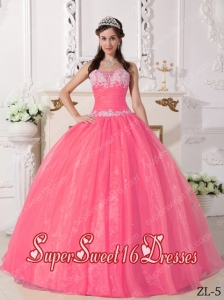 Ball Gowns In Watermelon Strapless With Floor-length Taffeta and Organza Appliques For Sweet 16
