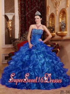 Blue Ball Gown Strapless Floor-length Organza With Ruffles And Beading For Sweet 16