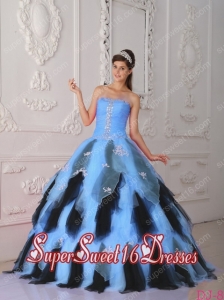 Blue and Black A-Line / Princess Strapless Ruffles Organza Appliques Sweet Fifteen Dress