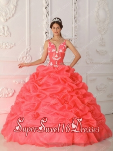 Coral Red Ball Gown Straps Satin and Organza Ruffles Sweet Fifteen Dress with Beading