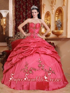 Coral Red Ball Gown Sweetheart Floor-length Taffeta Appliques Simple Sweet Sixteen Dresses