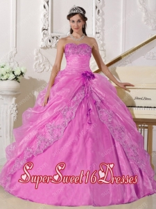 Fashionable Strapless A-line Organza Sweet Fifteen Dress in Rose Pink With Beading and Hand Made Flowers