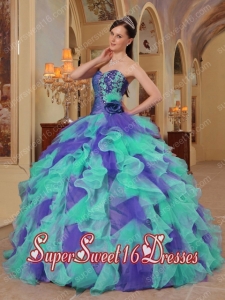 Hand Made Flower Ball Gown Sweetheart Ruffles Organza Sweet Fifteen Dress in Multi-colour