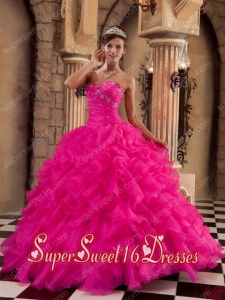 Hot Pink Ball Gown Sweetheart Organza Ruffles Sweet Fifteen Dress with Beading