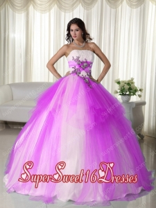 Hot Pink and White Strapless Tulle Ball Gown Beading Sweet Fifteen Dress with Appliques
