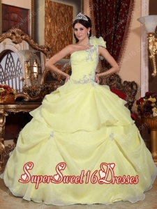 Light Yellow Ball Gown One Shoulder Floor-length Organza Appliques Simple Sweet Sixteen Dresses