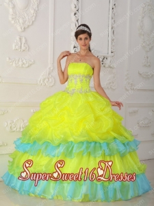 Multi-colour Organza Ball Gown Strapless Sweet Fifteen Dress with Ruffled Layers and Beading