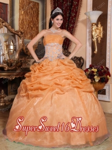Orange Ball Gown Strapless Floor-length Organza Appliques Simple Sweet Sixteen Dresses