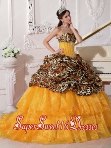 Orange Ball Gown Sweetheart Sweep Train Leopard and Organza Appliques Sweet Fifteen Dress with Beading