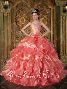 Organza Ruffles Ball Gown Strapless Beading Sweet Fifteen Dress with Hand Made Flower in Multi-colour