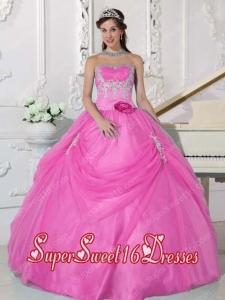 Pink Ball Gown Strapless Floor-length Taffeta and Organza With Appliques and Hand Made Flower For Sweet 16