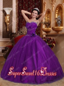Purple Ball Gown Sweetheart Floor-length Tulle Beading Simple Sweet Sixteen Dresses