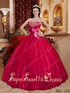 Red Tulle and Taffte Sweetheart Beading Ball Gown Sweet Fifteen Dress with Bowknot