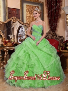 Spring Green Ball Gown Sweetheart Organza Appliques and Ruched Simple Sweet Sixteen Dresses