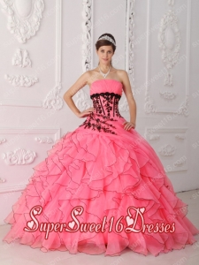 Sweet Organza Coral Red Strapless Appliques and Ruffles Sweet Fifteen Dress