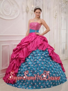 Taffeta and Fabric with Rolling Flowers Ball Gown Strapless Beading Sweet Fifteen Dress with Pick Ups and Beading