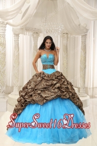 Leopard and Organza Beading Decorate V-neck Sweetheart Pick Ups Tulle Sweet Fifteen Dress