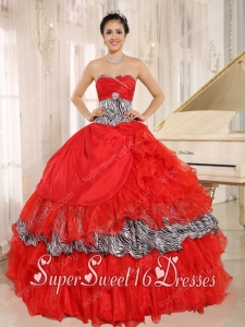 Wholesale Red Sweetheart Ruffles Organza Sweet Fifteen Dress With Zebra and Beading