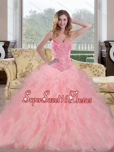 2015 Romantic Baby Pink Sweet 15 Dresses with Beading and Ruffles