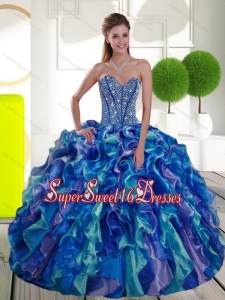Modest Beading and Ruffles Sweetheart 2015 Sweet Sixteen Dresses in Multi Color
