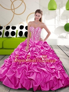 2015 Affordable Fuchsia Sweet 16 Ball Gowns with Beading and Pick Ups