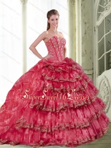 2015 Classical Coral Red Sweet 16 Ball Gowns with Pick Ups and Ruffled Layers