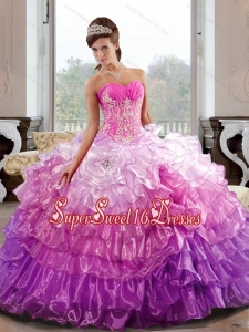 Colorful Sweetheart 2015 Sweet Fifteen Dresses with Appliques and Ruffled Layers