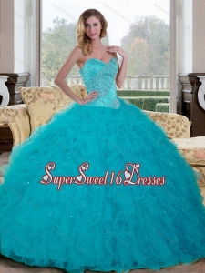 Luxurious Beading and Ruffles Sweetheart 2015 Sweet 16 Ball Gowns in Teal