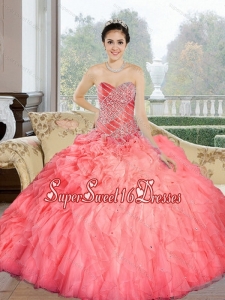 Pretty 2015 Beading and Ruffles Sweetheart Sweet 16 Ball Gowns in Watermelon