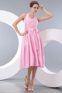 Pink Empire Halter Tea-length Taffeta Beading and Bowknot Dama dresses