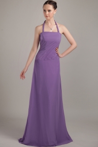 Purple Halter Brush Train Chiffon Ruch Dama Dresses for Sweet 16 Quinceanera