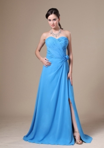 Teal High Slit Sweetheart Neckline Ruch and Flowers Decorate Sweet 16 Dama Dresses