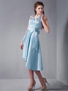 Aqua Blue Halter Asymmetrical Elastic Woven Satin Ruch Dama Dresses for Sweet 16