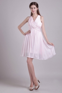 Baby Pink Empire V-neck Short Chiffon Ruch Dama Dresses for Sweet 16
