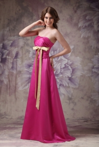 Hot Pink Column Strapless Brush Train Satin Ruch and Bows Sweet 16 Dama Dresses