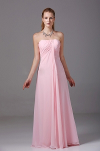 Pink Floor-length Strapless Chiffon Ruched Empire Dama Dress