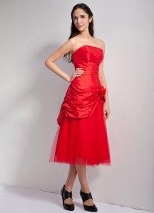 Red Strapless Tea-length Taffeta and Tulle Hand Made Flowers Dama Dress