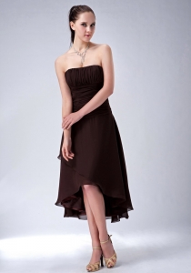 Brown / Princess Strapless High-low Chiffon Ruch Dama Dress