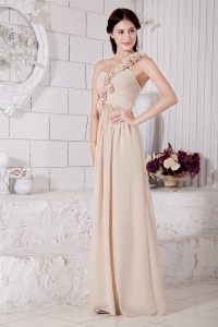Champagne Empire One Shoulder Floor-length Chiffon Hand Made Flowers Dama Dresses for Sweet 16