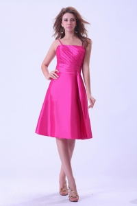 Hot Pink Dama Dress With Sash and Ruching Spaghetti Straps Knee-length Taffeta