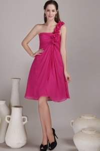 Hot Pink Empire One Shoulder Knee-length Chiffon Hand Flowers Sweet 16 Dama Dresses