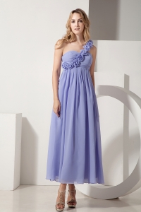 Lilac One Shoulder Ankle-length Chiffon Hand Made Flowers Dama Dresses for Sweet 16
